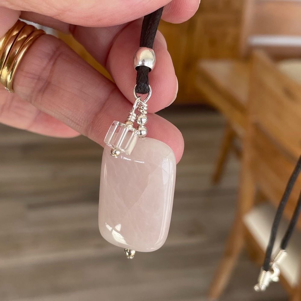 Handmade Rose Quartz Stone Pendant Necklace on 18โ Cord